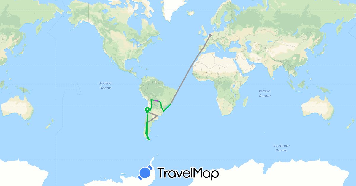 TravelMap itinerary: driving, bus, plane, train in Argentina, Belgium, Bolivia, Brazil, Chile, Spain (Europe, South America)
